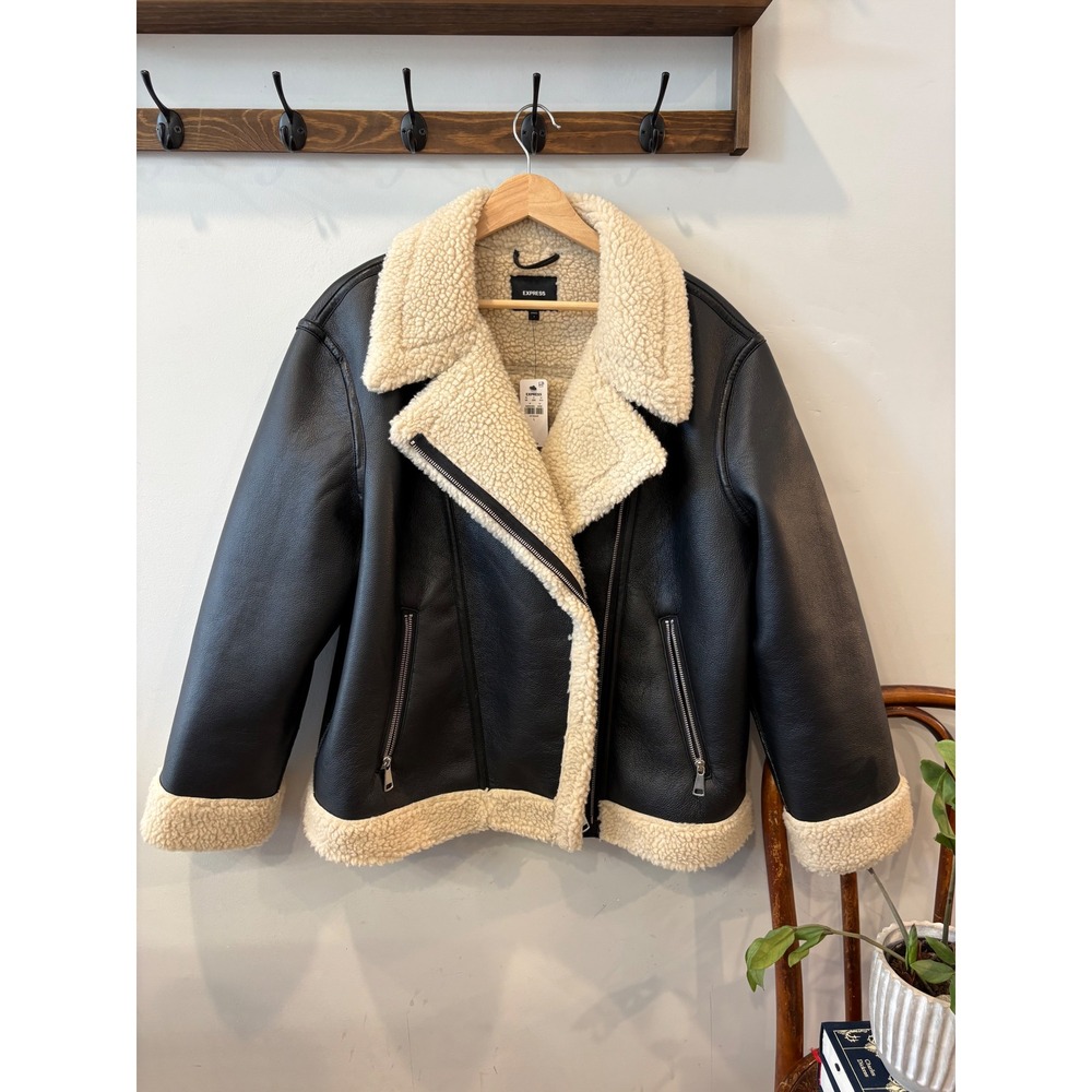 Express Faux Leather Sherpa Lined Aviator Jacket